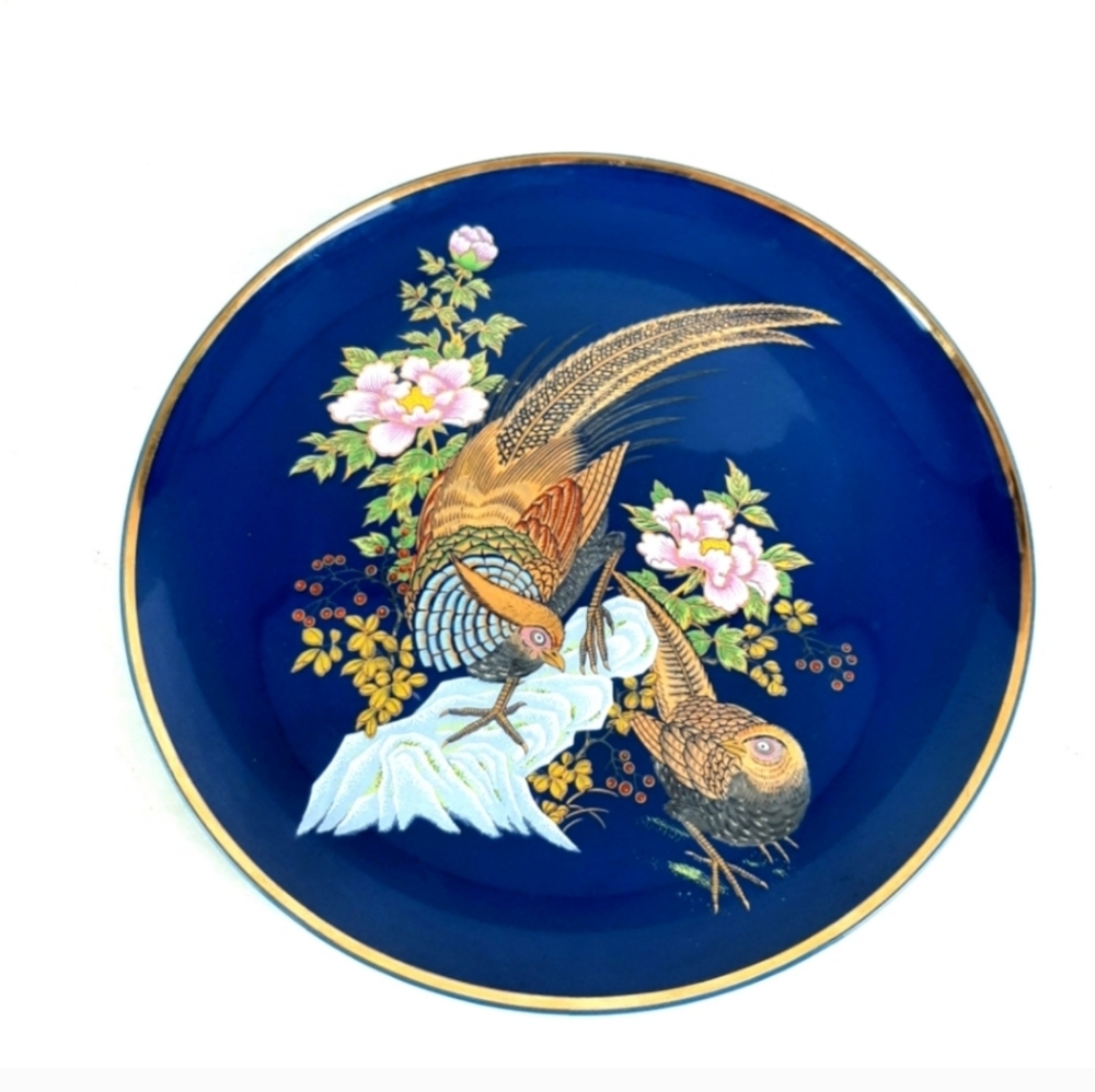 🔥Japanese Pheasant Bird Floral Multicolor Gold Tone Cobalt Blue EnamelPlate 10"